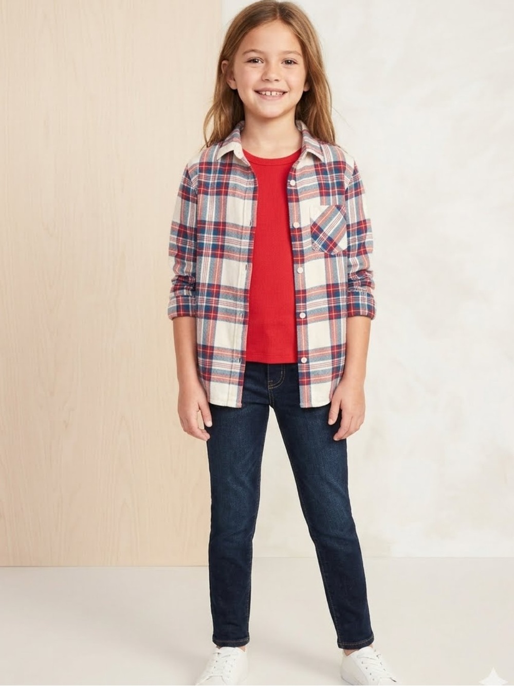 VTG Style Old Navy Plaid Flannel & Red Ribbed Top Set size XS